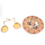 Brass balance scales and Beswick 'As you like it' shallow relief charger.