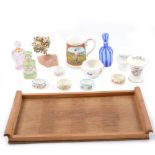 Box of decorative ceramic vases and bottles, and a wooden tray