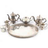 Four-piece silver-plated teaset and other plated wares.