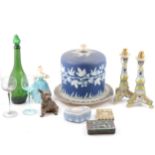 Large blue and white cheese dish and cover, Wedgwood biscuit barrel, and other ceramics and