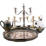 Cut glass decanter with silver collar, silver-plated tea and coffee set and other plated wares.