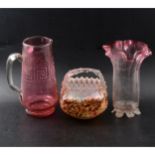 Ruby and cranberry glass vases and pots, Mary Gregory vase and other glassware.