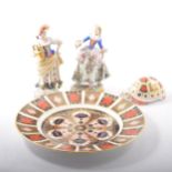 Royal Crown Derby Imari plate, tortoise paperweight and two continental figurines.