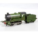 Hornby O Gauge tank locomotive with tender, 0-4-0, LNER green, 1842, converted to electric.