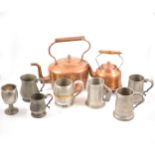 Collection of pewter tankards, copper kettle, etc