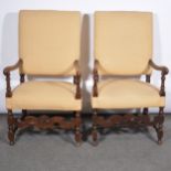 Pair of walnut elbow chairs, fawn coloured upholstery, baluster and bobbin turned uprights, scrolled