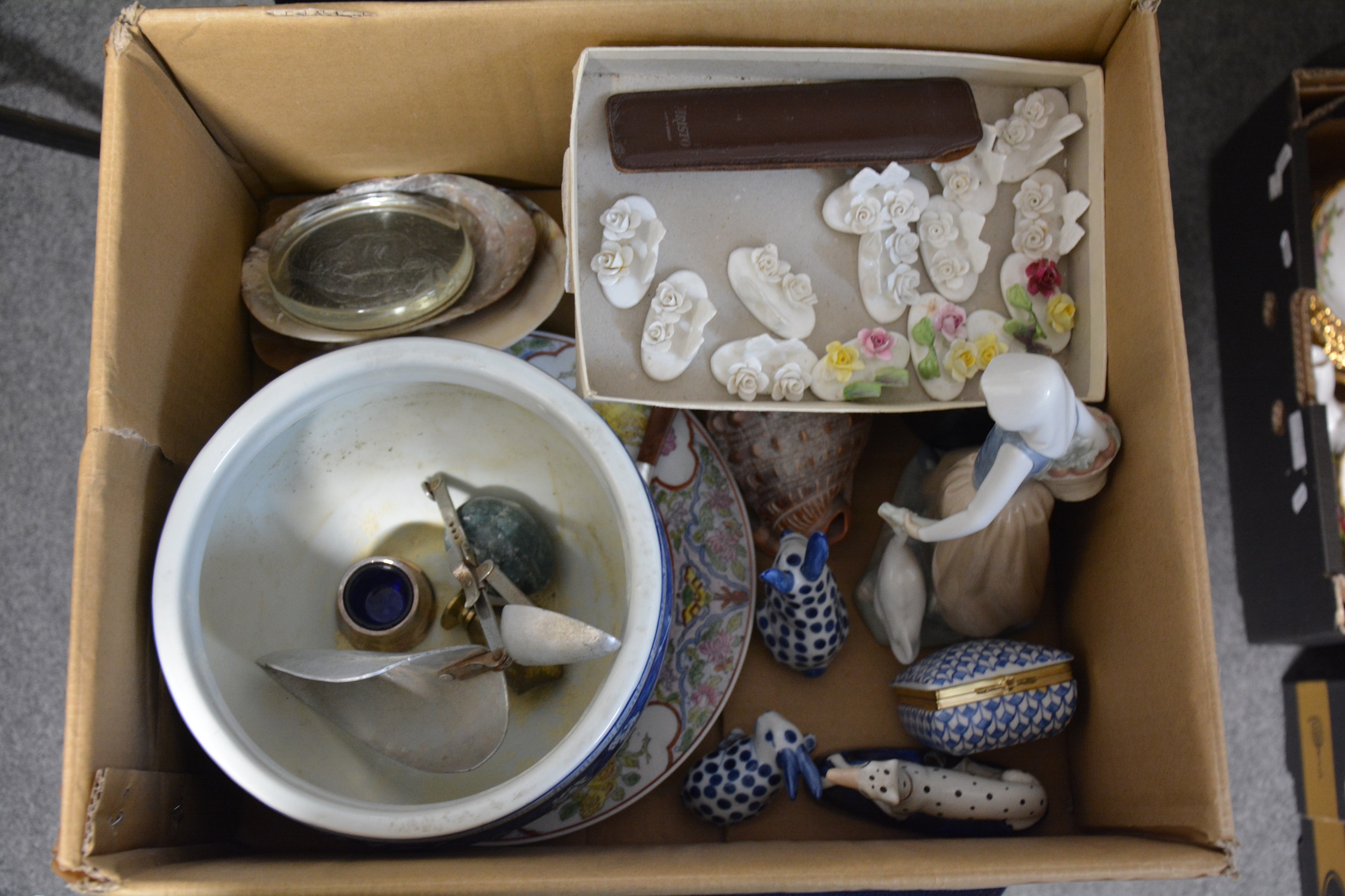 Box of decorative ceramics including Nao figure, Chinese jardiniere, etc - Image 2 of 2