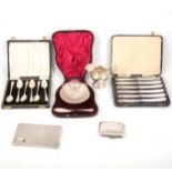 Silver butter dish, cream jug, silver and white metal cigarette cases, plus cased silver flatware.