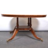 Circular mahogany centre pedestal table inlaid with burr walnut and maple.