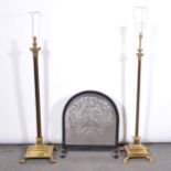 Arts and Crafts steel panelled firescreen and two brass standard lamps
