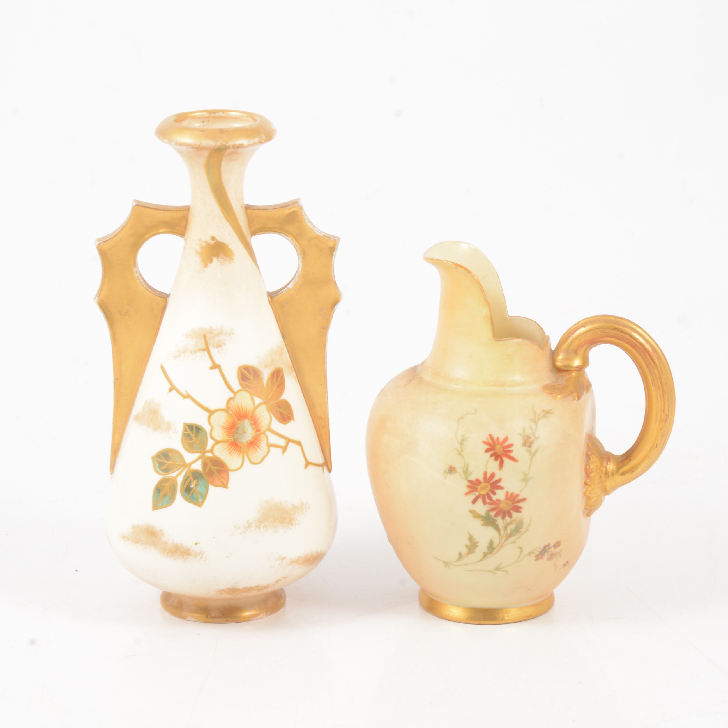 A Royal Worcester blush ivory jug, Royal Bonn twin handled vase.