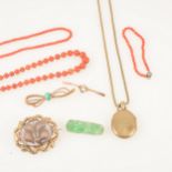 Victorian and later jewellery, brooches, metal guard chain, coral.
