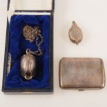 Two St James House silver reproduction pendant watches and chain, silver cigarette case.