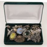 A collection of costume jewellery and Wedgwood brooches, pendant, silver compact, etc.