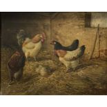 E Victor, Cockerel and hens, a pair, and two other oil paintings