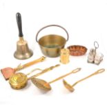 Brass jam pan, chestnut roasters, ladle, horse singeing tool, plated cruet, brass hand bell, copper