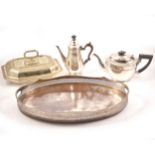 One box of silver-plated wares, including entrée dish, tea pot, gallery tray, etc.