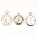 Three open face pocket watches, Omega, another with military broad arrow.