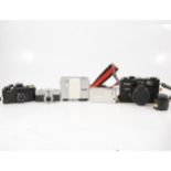 Vintage film cameras, five including Meopta Mikroma etc