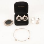 Silver bangle, black onyx brooch and pair of cufflinks playing card suits, drop earrings.