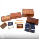 Tunbridge ware workbox, another small inlaid box, travel chess set, cigars and related material