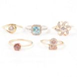 Gemporia - Five zircon set rings in 9 carat yellow gold and silver.