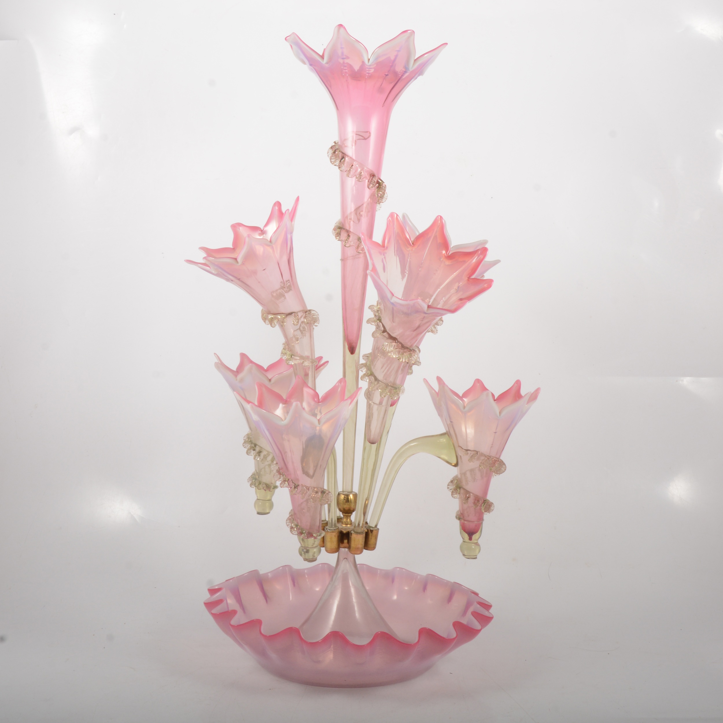 Victorian pink and green vaseline glass epergne,