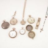 Two silver pocket watches; two silver fob watches; and other pocket watches.