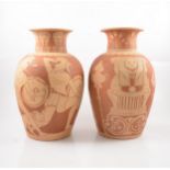 Pair of large terracotta and sgraffito vases by Gaye L G Love (Fishley Holland)
