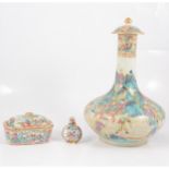 Chinese porcelain bottle vase with cover, a small box and a scent bottle,