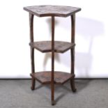 Victorian oak hall chair, three tier stand and warming pan