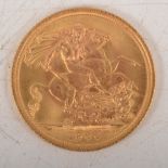 Elizabeth II gold Sovereign coin, 1966