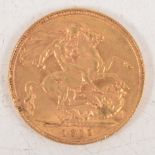 George V gold Sovereign coin, 1911,