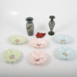 Royal Doulton Flambe duck, Adderley Floral trinket dishes and hand-carved spill vases.