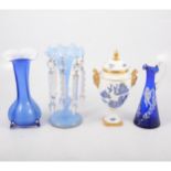 Mary Gregory style enamelled ewer, blue lustre, spill vase and a Coalport willow pattern vase