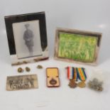 Medals - WW1 group of 3 to 1429 Pte R A Jones R W Fus, silver and other photo frames..