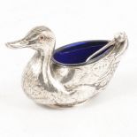 Edwardian silver novelty salt, in the form of a duck