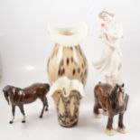 Guiseppe Armani figure, two Royal Doulton horses and two Murano style glass vases,