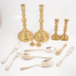 Three pairs of brass candlesticks, plated flatware, bone marrow scoop, button hooks.