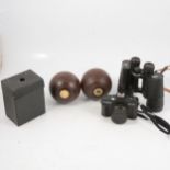 Bowling woods, vintage cameras, pair of binoculars.
