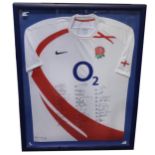 Two signed England rugby shirts,