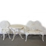 White painted garden bench, table and single chair,