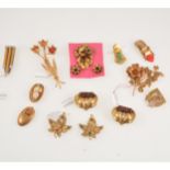 Ten vintage gilt metal brooches and dress clips.