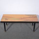 Marquetry coffee table, the top decorated with a hunting scene,