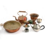 One box of pewter and copper wares, to include a tray, four piece teaset, kettles etc.