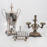 Silver-plated samovar, toast rack and candlestick.