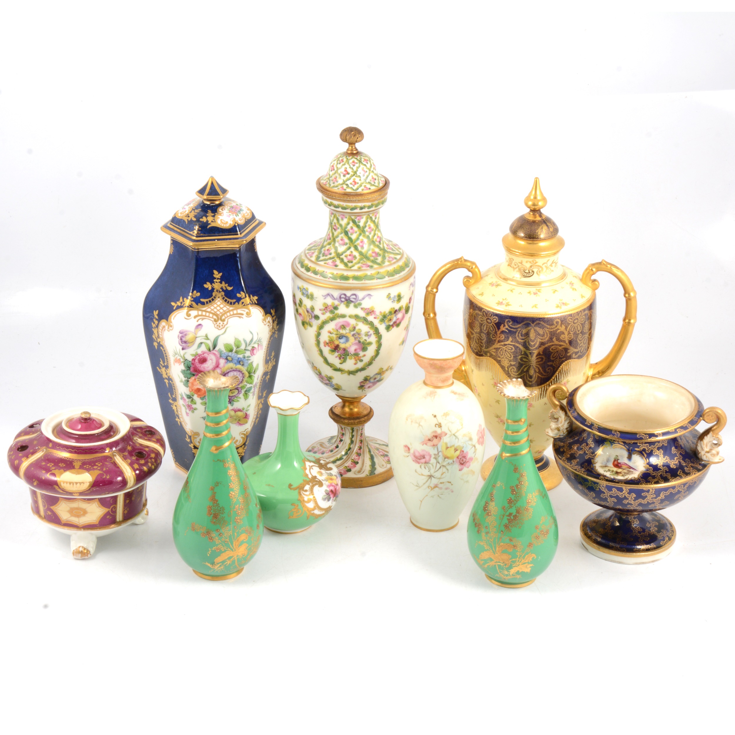 Quantity of decorative ceramic vases, including Crown Derby and Coalport