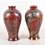 Pair of Bernard Moore flambe vases, owl and mice design