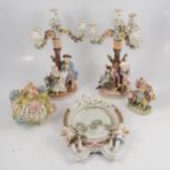 Pair of Continental porcelain figural candelabra, porcelain framed mirror, etc