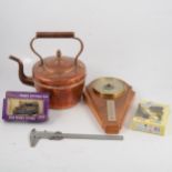 Folding bakelite bookrack, copper kettle, precision tools, stationery items etc.